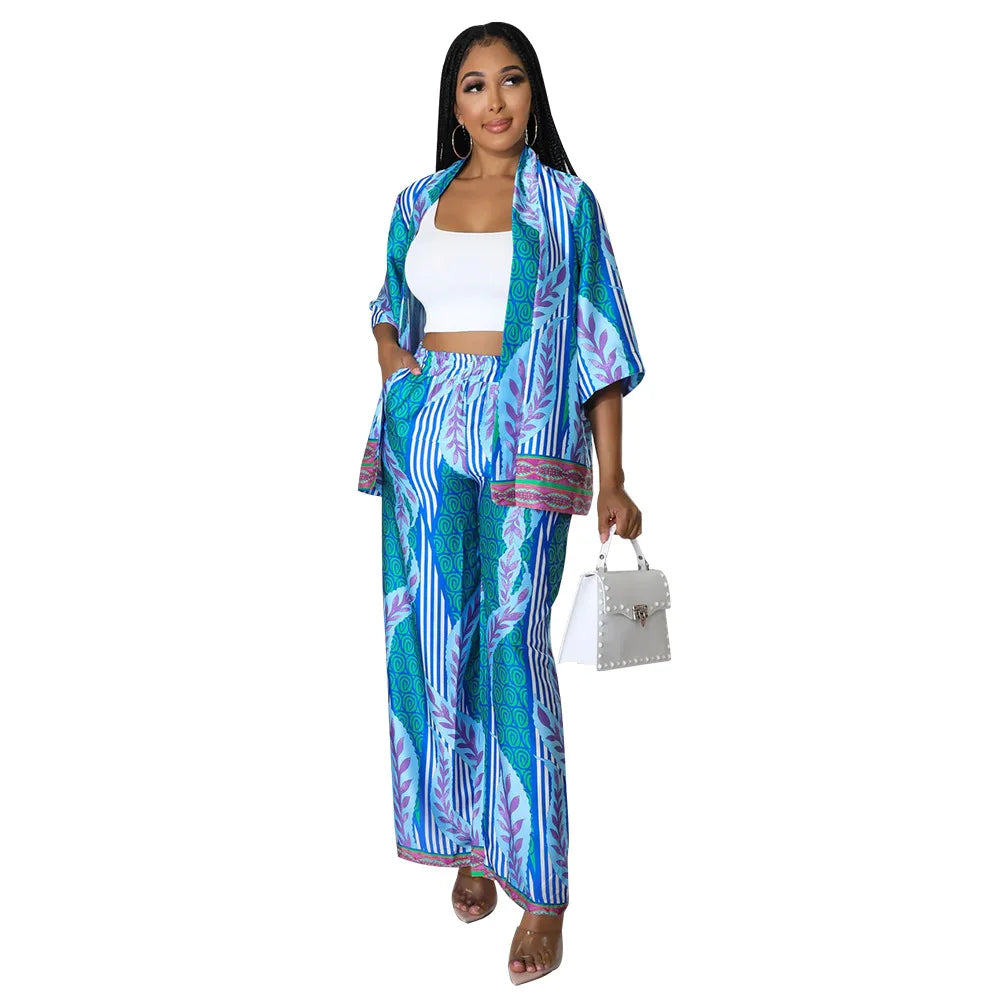 Women's Imitation Silk Printed Two Piece Set with Lace-Up Long Sleeve Top and Wide-Leg Pants for Casual Street Style