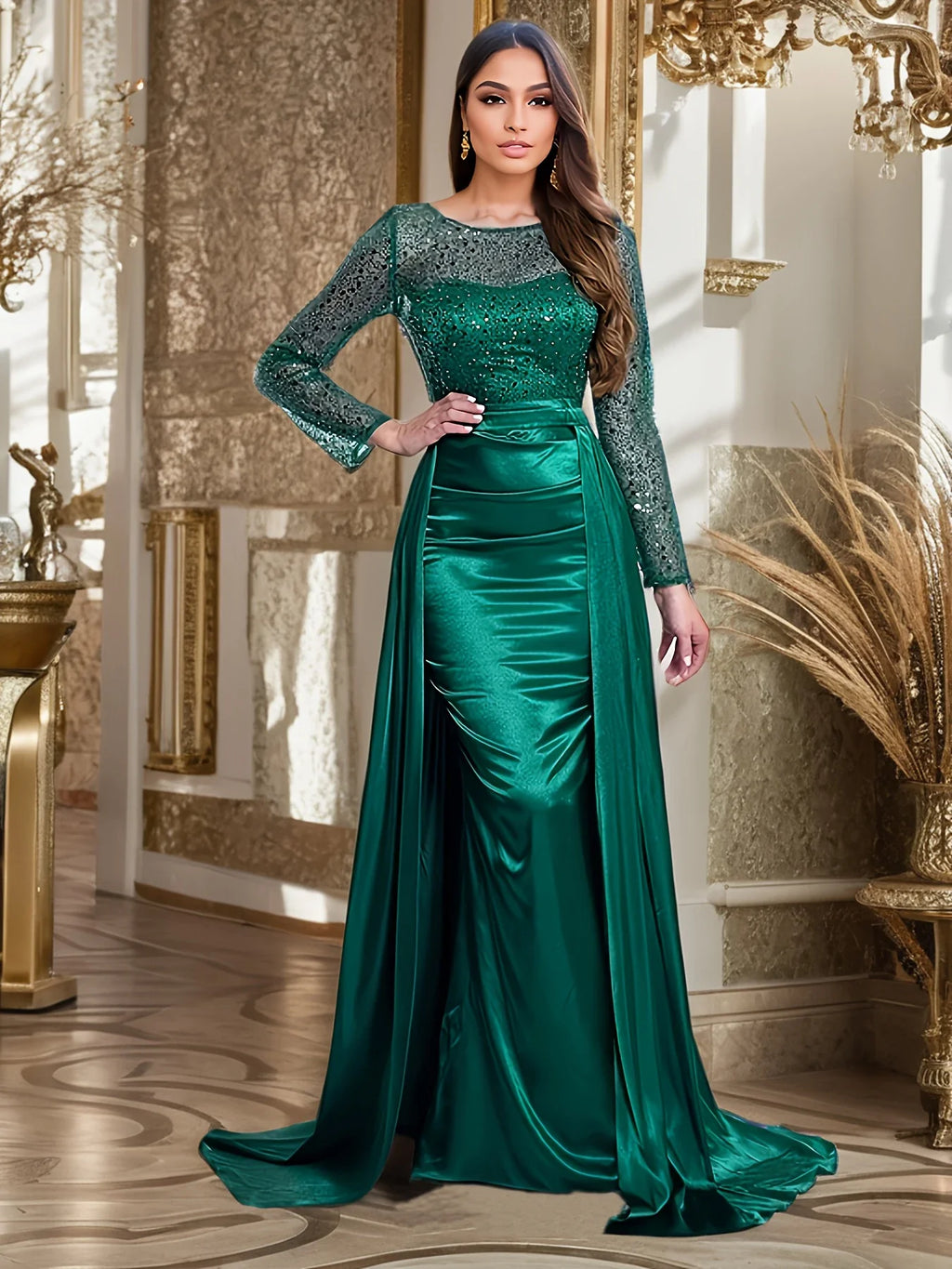 Green Sequin Mermaid Evening Gown With Detachable Train