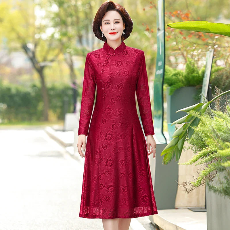 Elegant Lace Dress For Women With Qipao Collar A Line Long