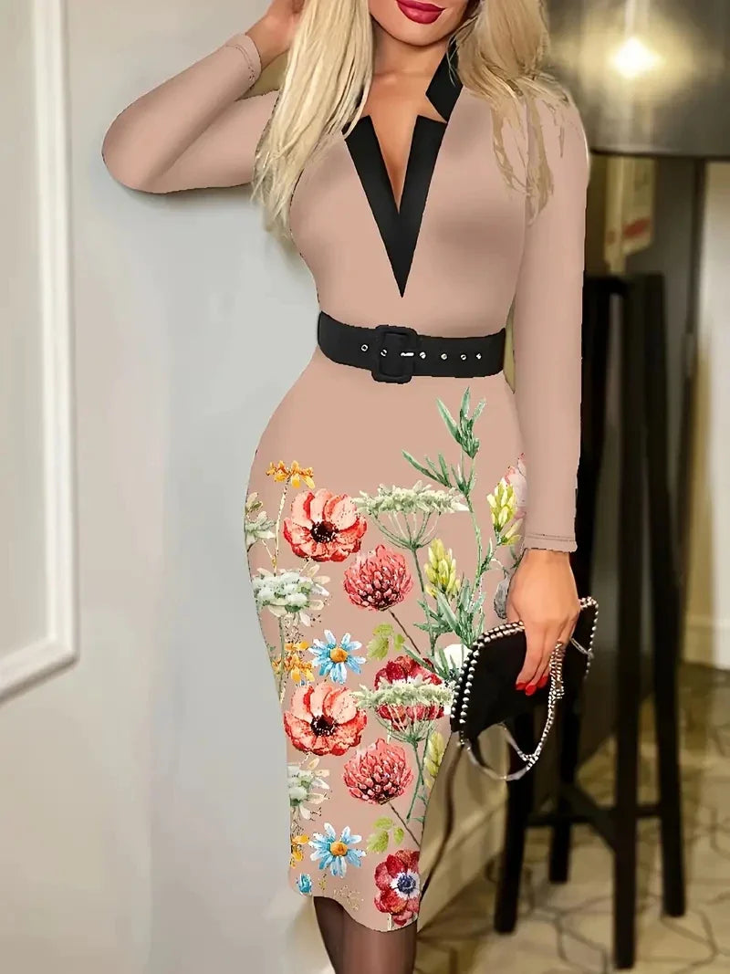 Plaid V Neck Long Sleeve Knee Length Dress For Women