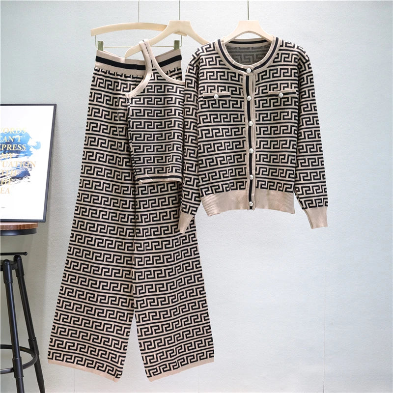 Elegant Casual Three-Piece Women's Houndstooth Printed Vest and Trousers Set