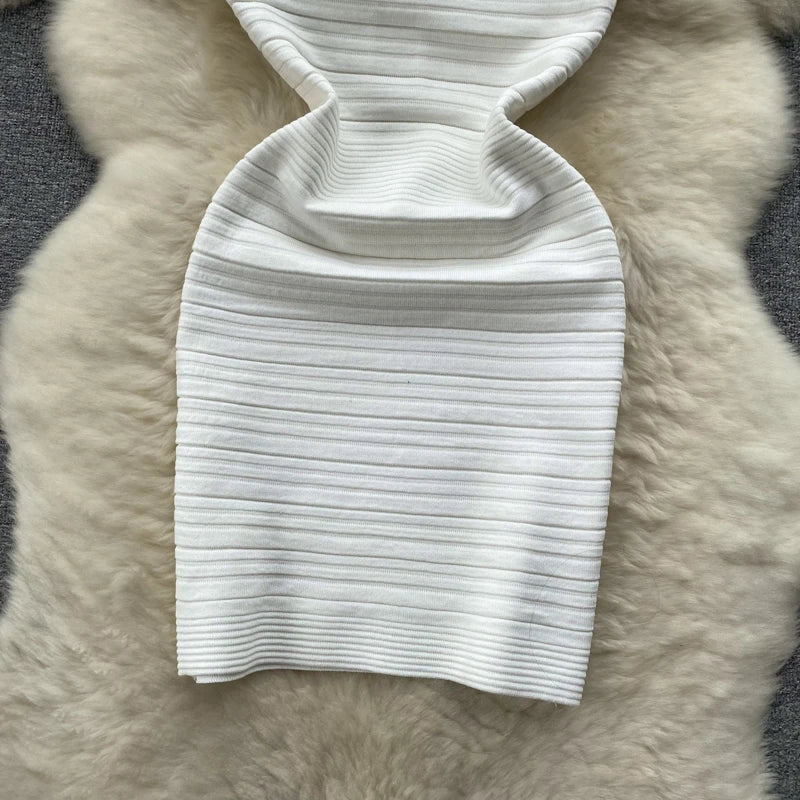 White Knit Tank Dress V Neck Sleeveless Bodycon Wrap Dress