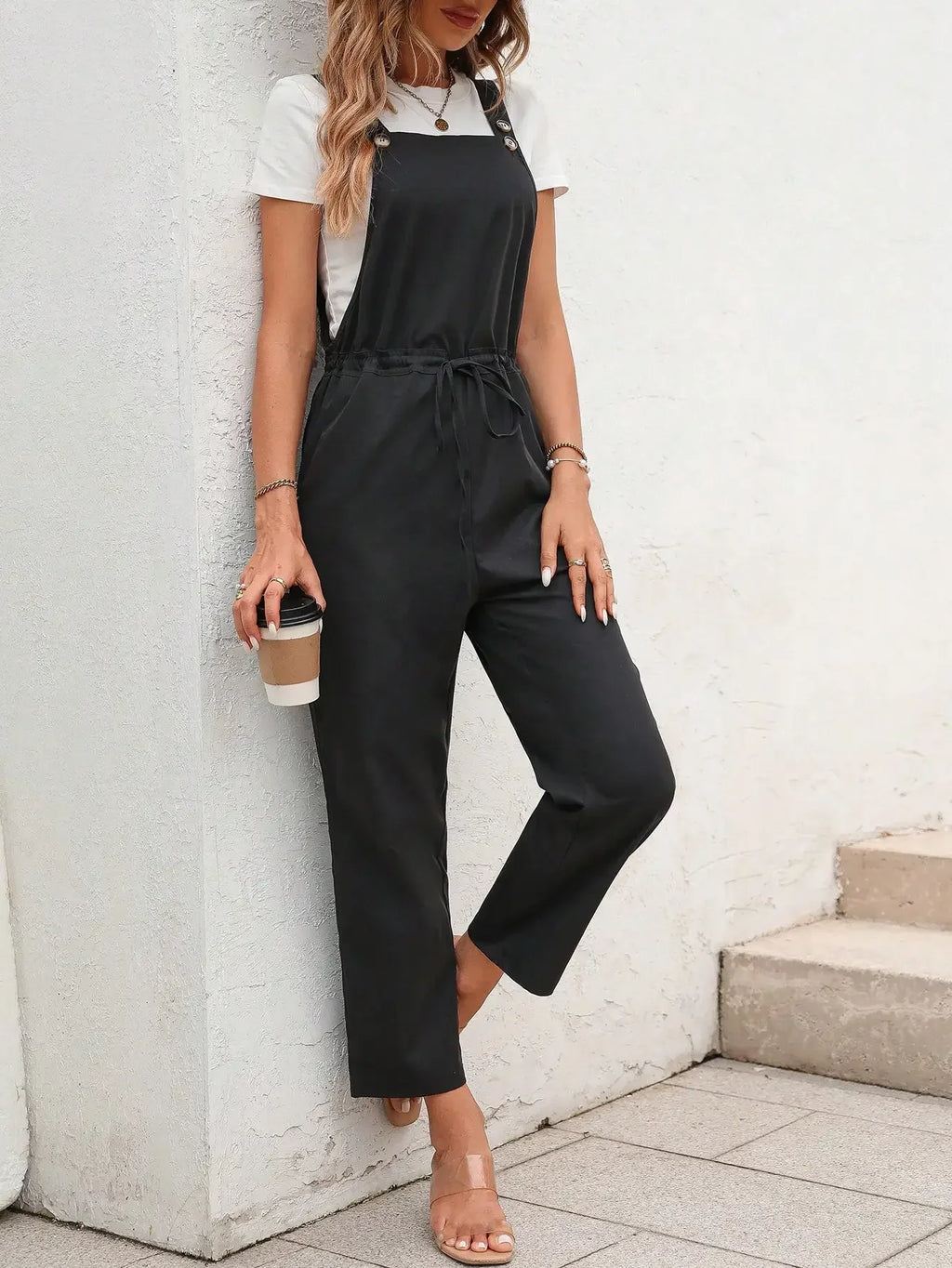 Elegant Stylish Women's Romper with Suspender Top Button Embellishment and Waist Drawstring Casual Jumpsuit