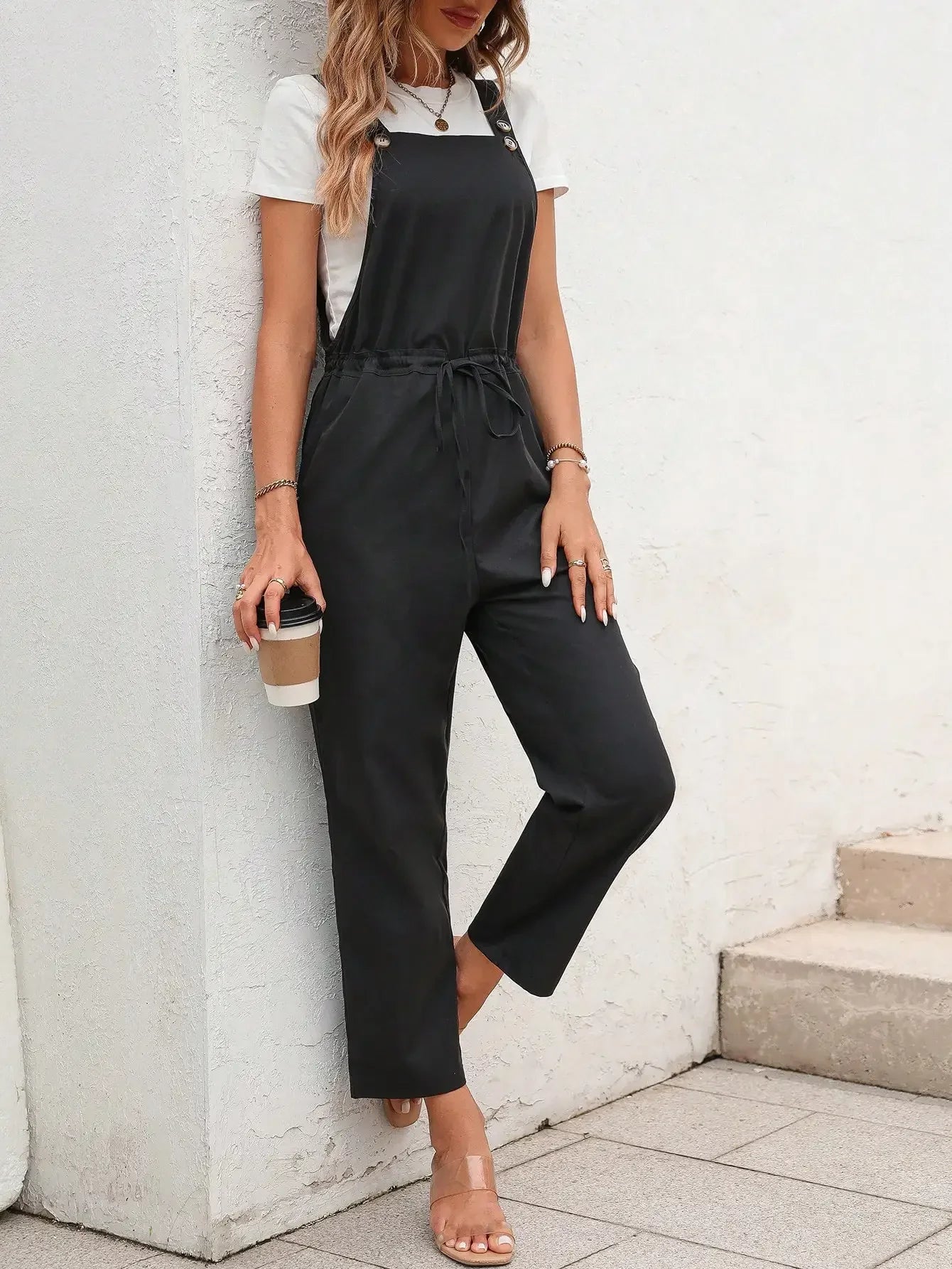 Elegant Stylish Women's Romper with Suspender Top Button Embellishment and Waist Drawstring Casual Jumpsuit