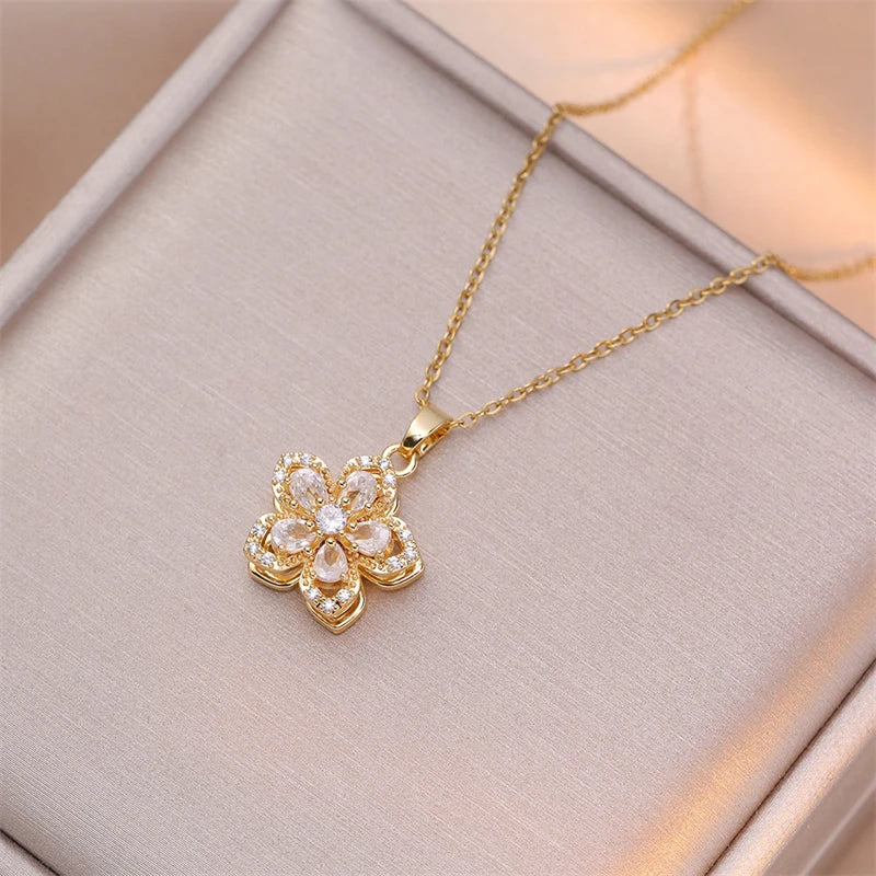 Gold Plated Shiny Zircon Flower Pendant Necklace for Women Elegant Choker Jewelry for Weddings and Parties