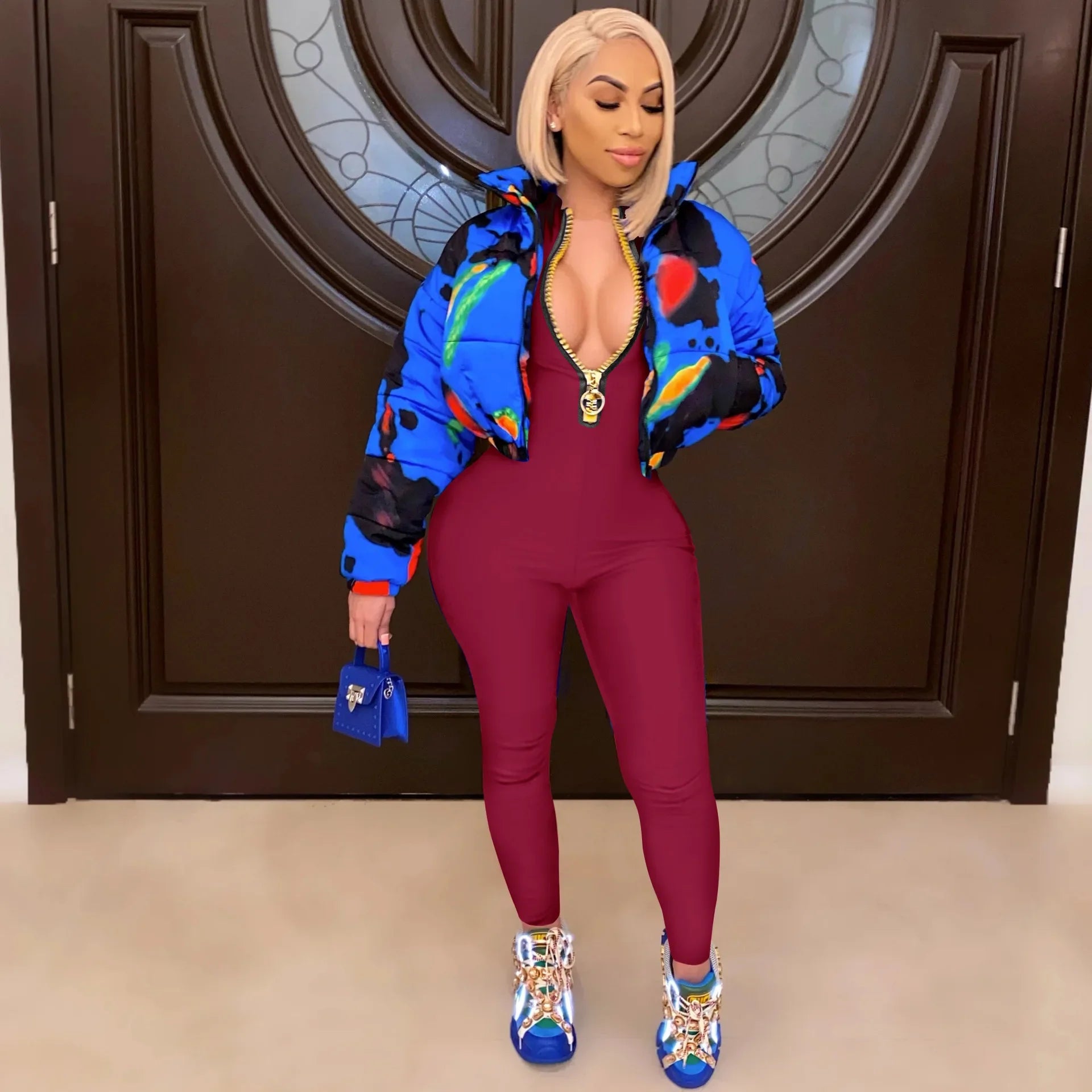 Women's Bodycon One-Piece Jumpsuit with Long Sleeves and Large Front Zipper Casual Sporty Skinny Workout Overalls Top