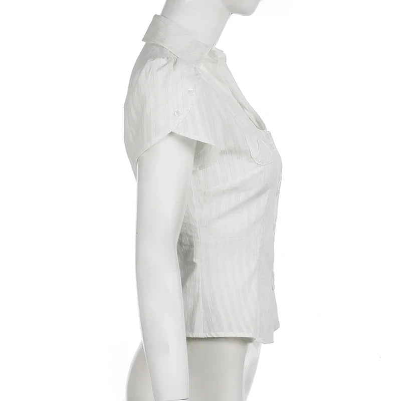 Slim Striped Blouse for Women Casual V-Neck Turn-Down Collar Short Puff Sleeve Summer Shirt