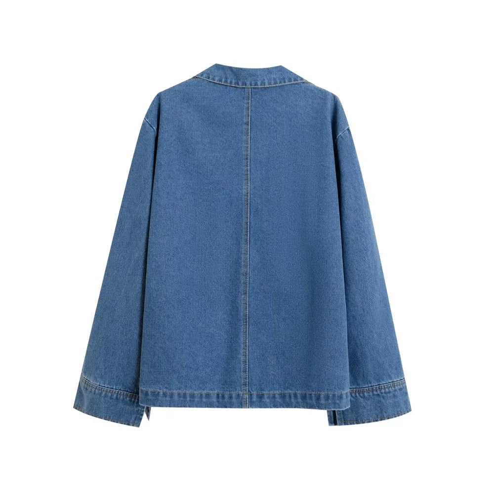 Women's Denim Loose Shirt with Pockets and High Elastic Waist Wide Leg Pants Two Piece Set