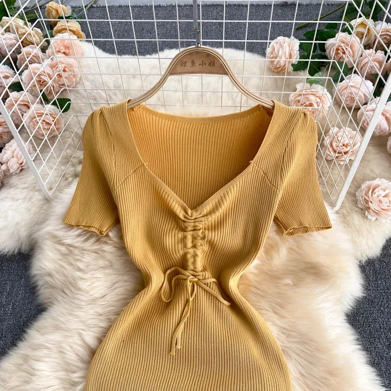 Korean Knit Bodycon Dress V Neck Drawstring Short Sleeves