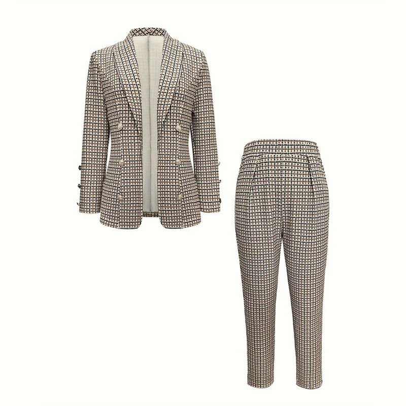 2 PCS Women Elegant Plaid Waistcoat and High Waist Slim Pant Set with Double Breasted Blazer and Long Sleeve Top for Office and Autumn Wear