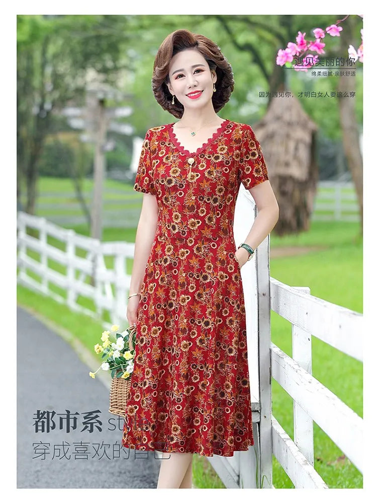 Bohemian Summer Dress With V Neck Print Vintage Midi