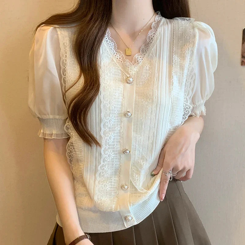 Women's Spring Summer Chiffon Short Sleeve Top Vintage V Neck Lace Trim Pearl Button Blouse Ribbed Elastic Waist Pleated Casual Office Shirt