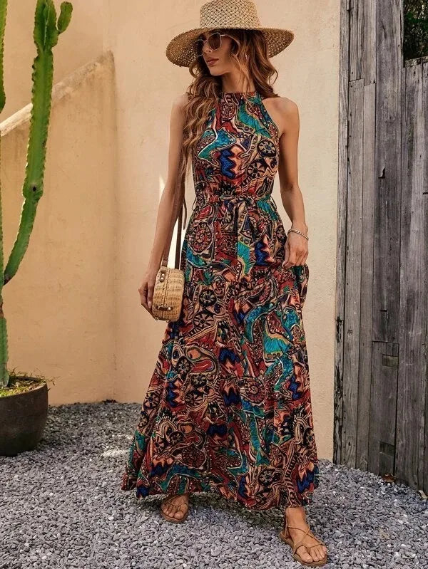 Bohemian Print Maxi Dress Halter Neck Zipper Closure