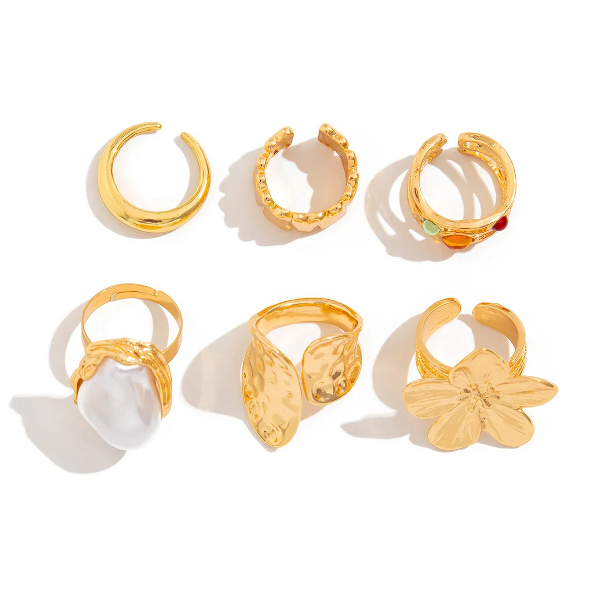 Irregular Exaggerated Metal Flower Open Rings Set for Women with Imitation Pearl Elegant Baroque Jewelry Accessories