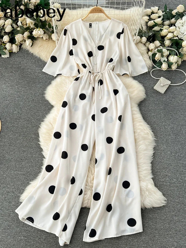 Women Wide Leg Polka Dot Jumpsuit with V Neck Dolman Sleeves and Slim Waist Design