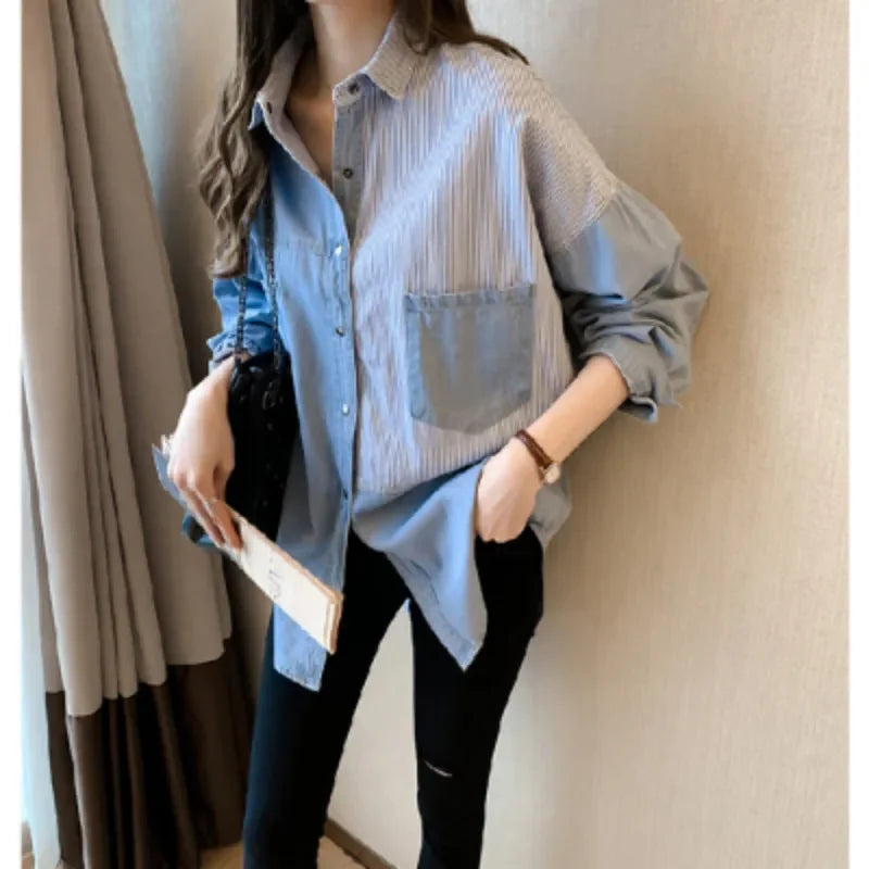 Loose Fit Women's Denim Shirt Long Sleeve Cotton Casual Button-Up Korean Style Autumn Winter Camisa Jeans Shirt