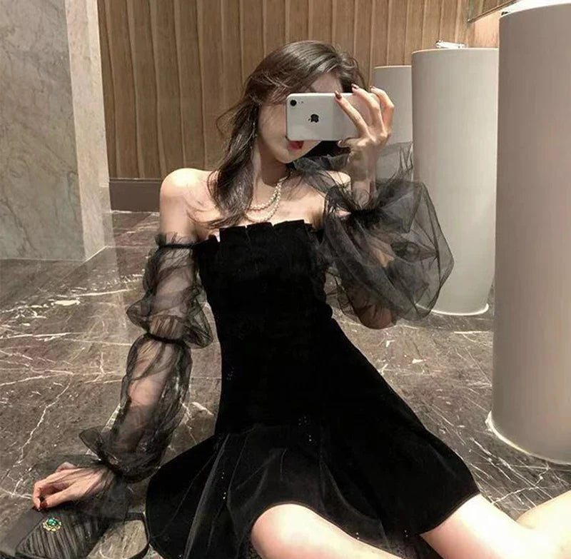 Black Tulle Off Shoulder Mini Dress Korean Style Chic
