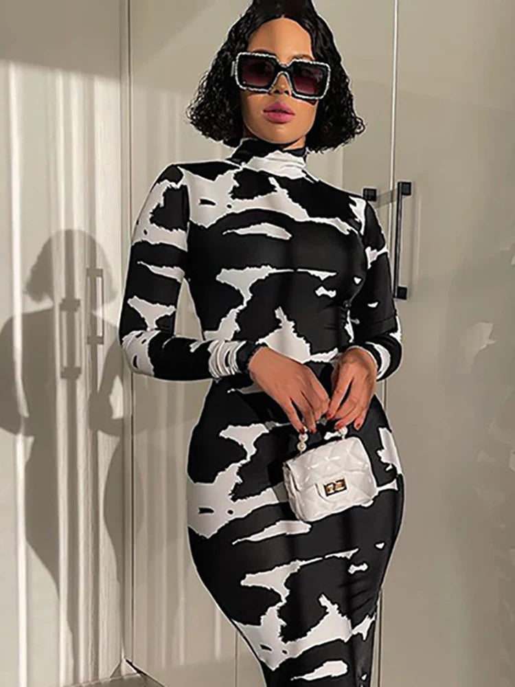 Cow Print Maxi Dress Long Sleeve Turtleneck Bodycon Party