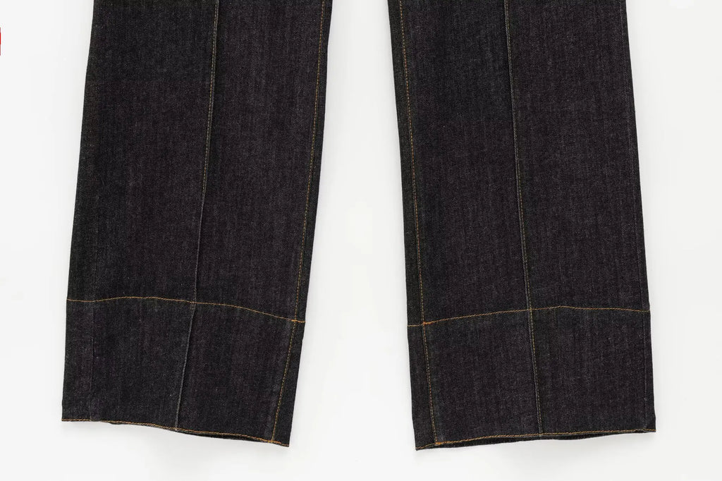 Women Black Denim Pants Set with Fitted Shirt and Patch Pockets Straight Leg Jeans Suit