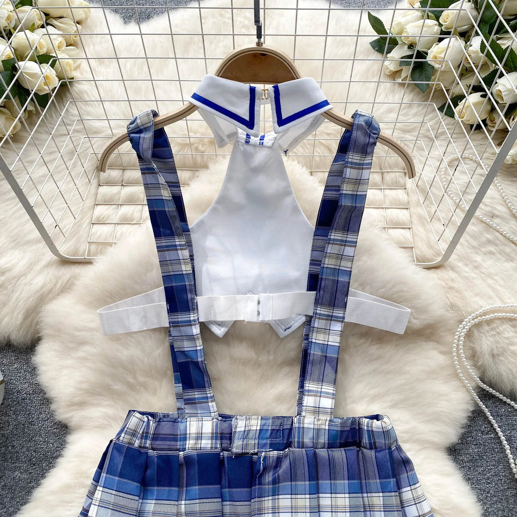 Cute Japanese JK Uniform Checkered Skirt Off Shoulder Dress
