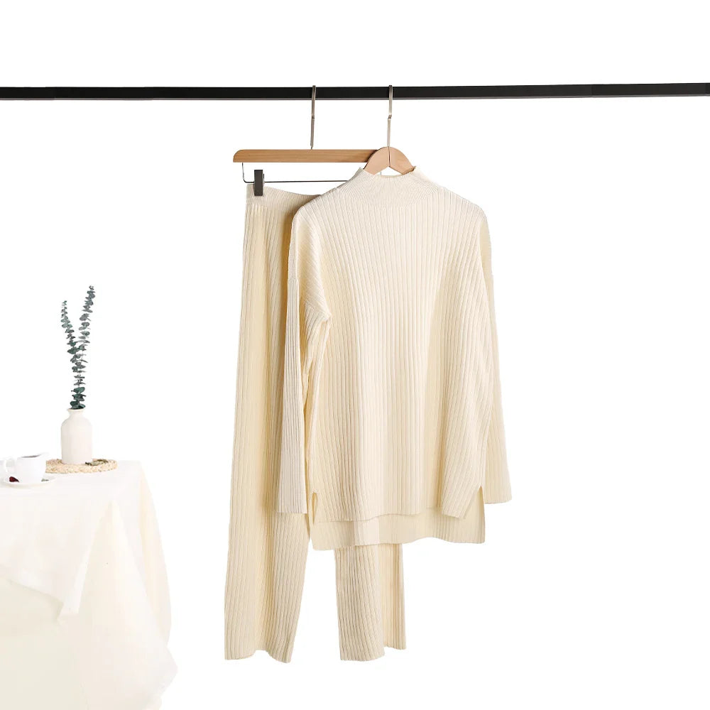 Cozy Knitted Two-Piece Women's Tracksuit Set Featuring Half Turtleneck Sweater and Wide Leg Jogger Pants for Autumn and Winter