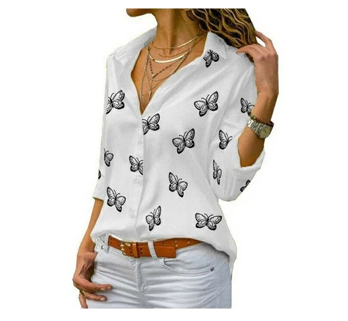 Elegant Women Butterfly Print Loose Fit Long Sleeve Blouse with Turn Down Collar Casual Oversized Office Shirt for Spring and Autumn