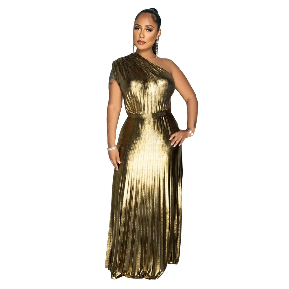 One Shoulder Metallic Pleated Maxi Dress Evening Gown