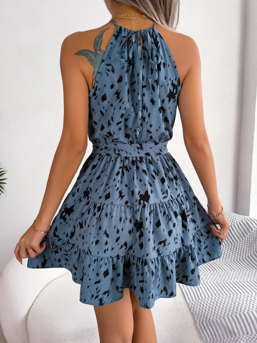 Leopard Print Sleeveless Halter Dress With Ruffle Hem
