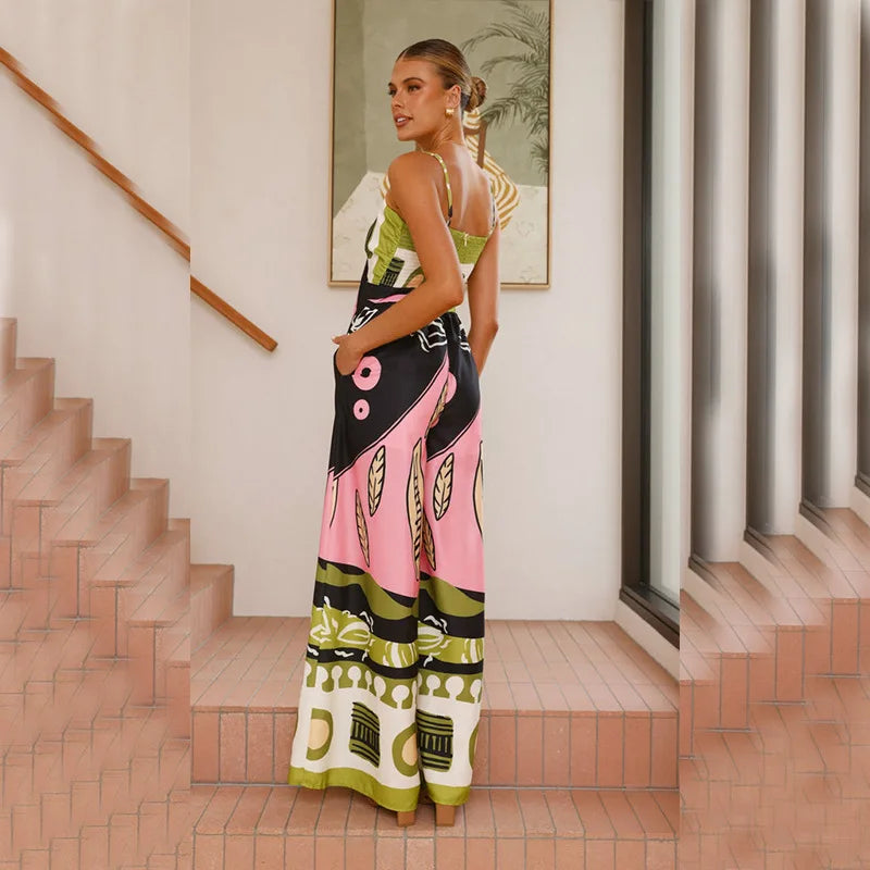 Women's Summer Printed Spaghetti Strap Jumpsuit with Hollow Out Lace-Up Detail High Waist Wide Leg Bohemian Style