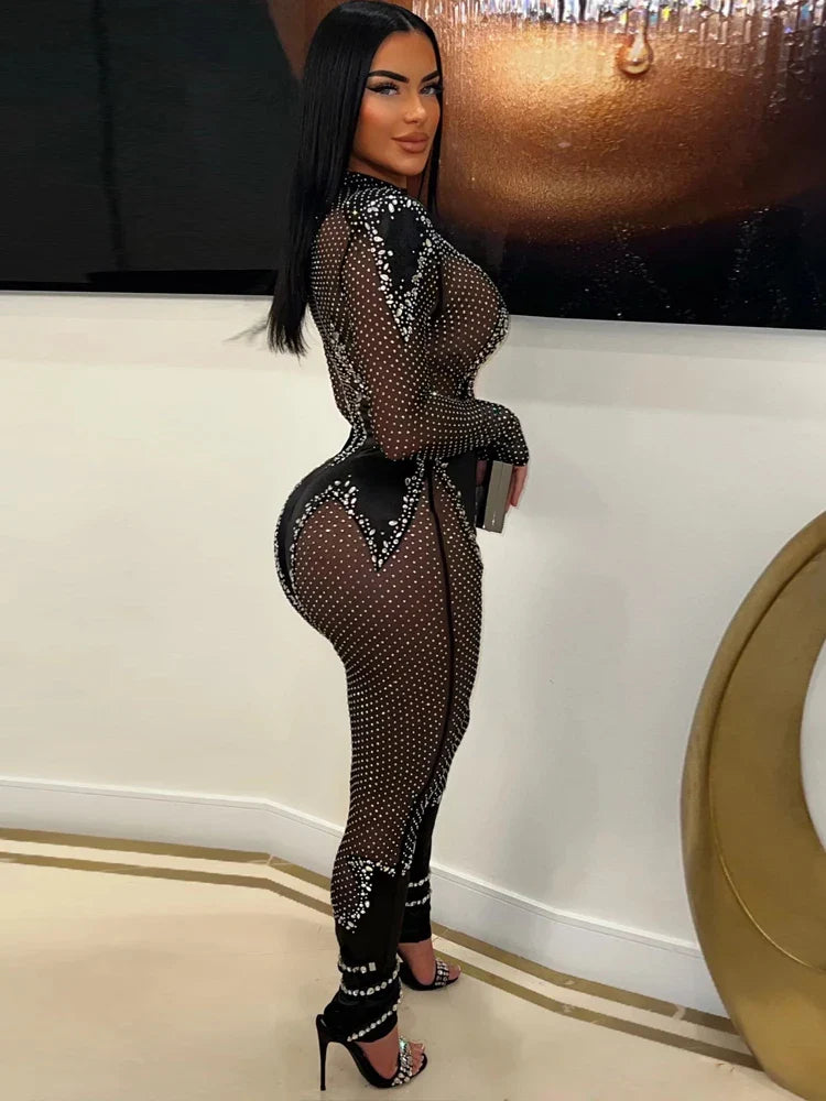 Sexy Black Mesh Patchwork Crystal Jumpsuit for Women Rhinestone Embellished Glamorous Clubwear Romper Birthday Party Outfit