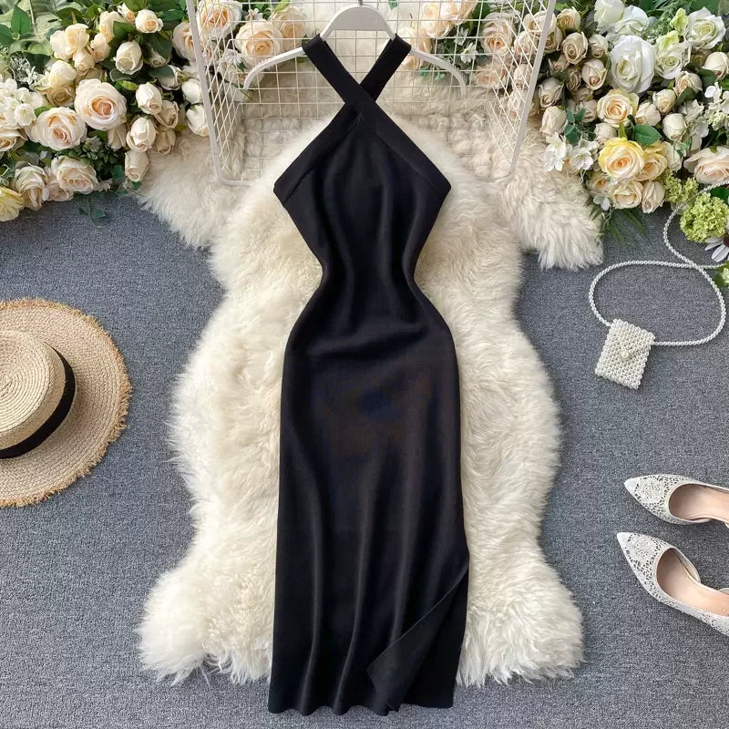 Elegant Solid Backless V Neck Knit Bodycon Dress For Women