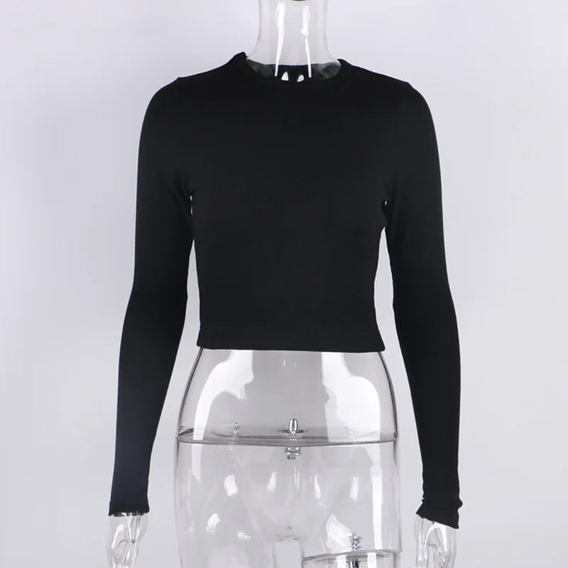 O Neck Long Sleeve Ribbed Crop Top for Women Casual Slim Fit T Shirts in Black and White