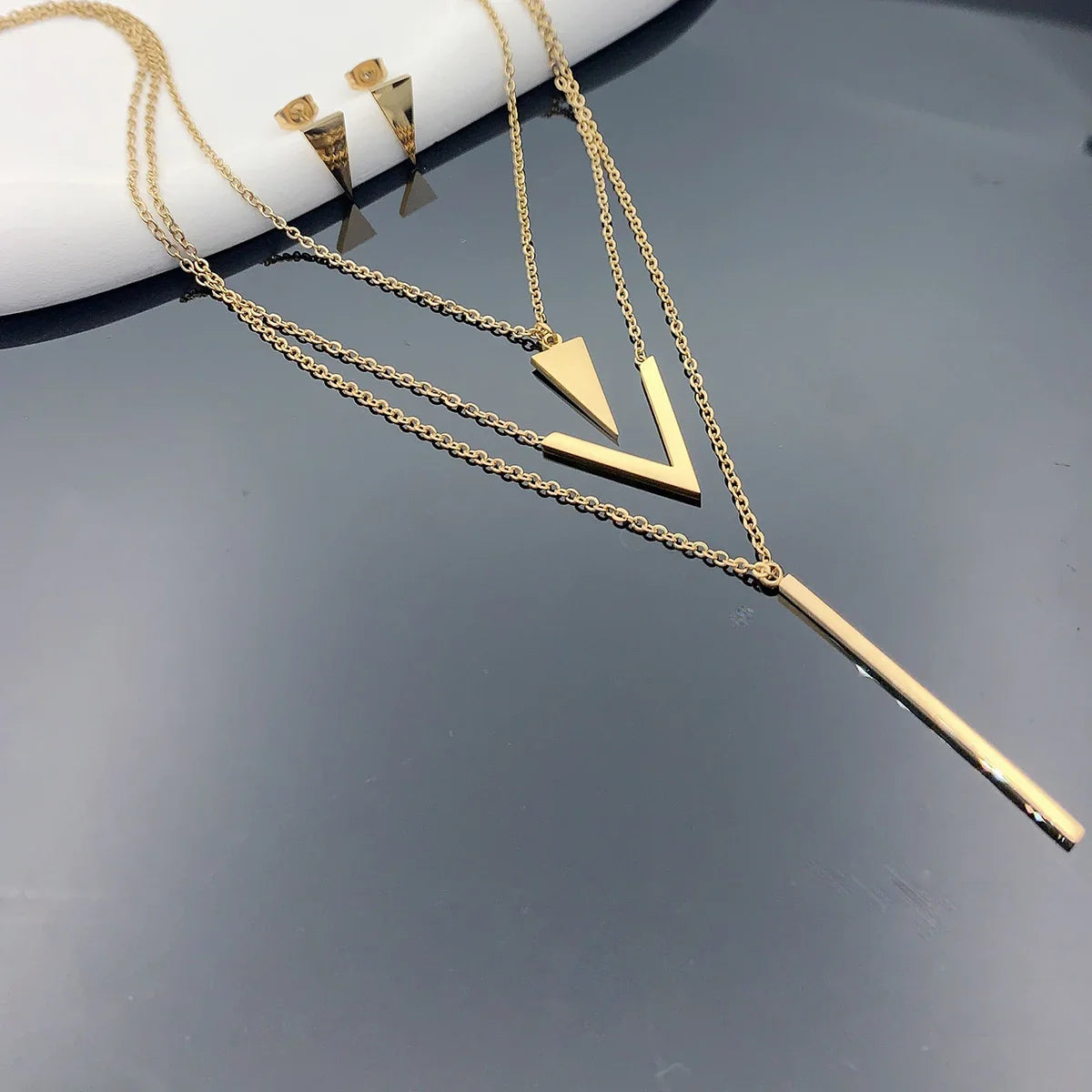 3 Piece Women's Stainless Steel V-Shaped Geometric Pendant Necklace and Earrings Set