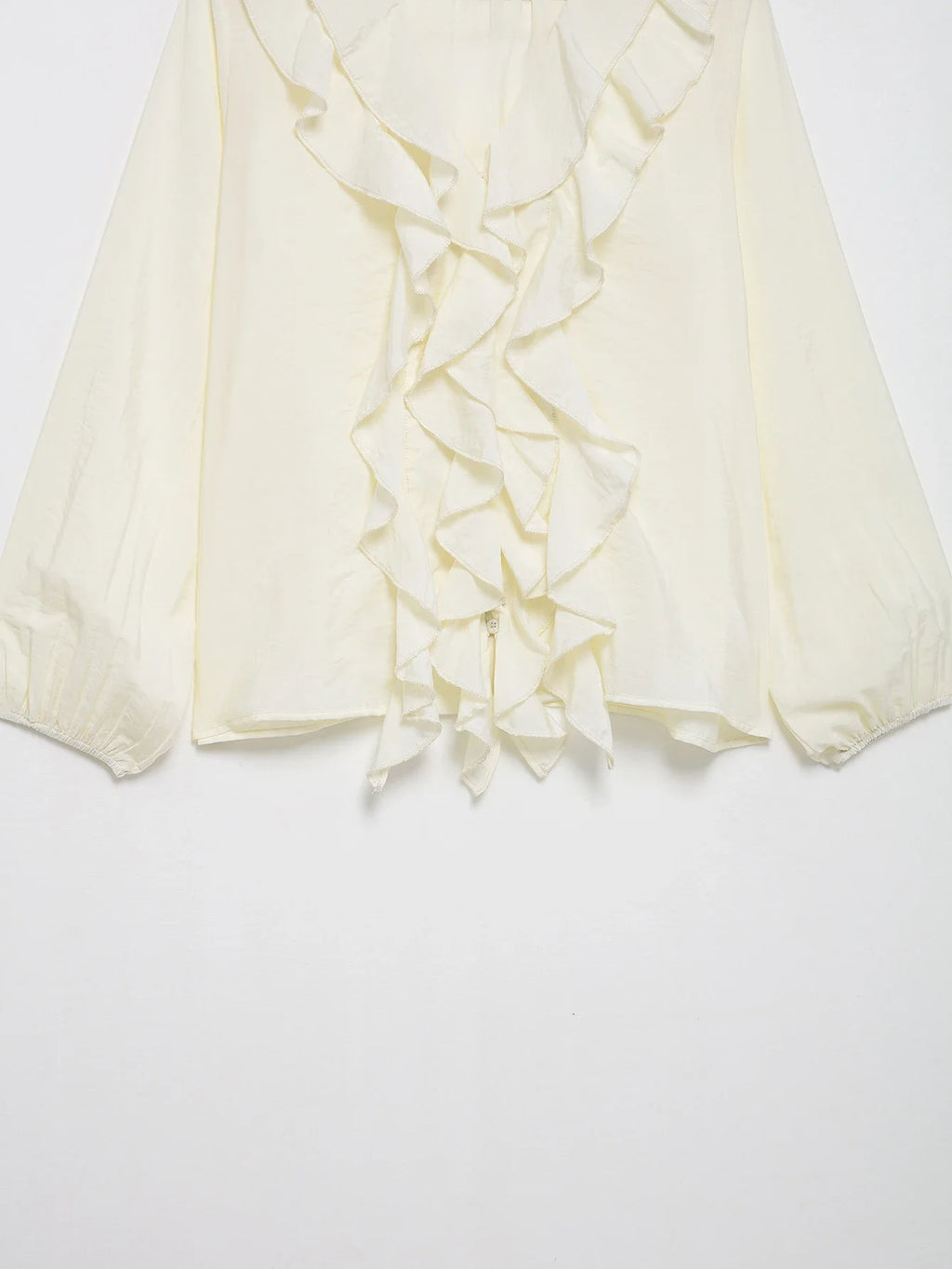 Women's Ruffled V-Neck Blouse with Flounce Long Sleeves Elegant Solid Color Chic Shirt