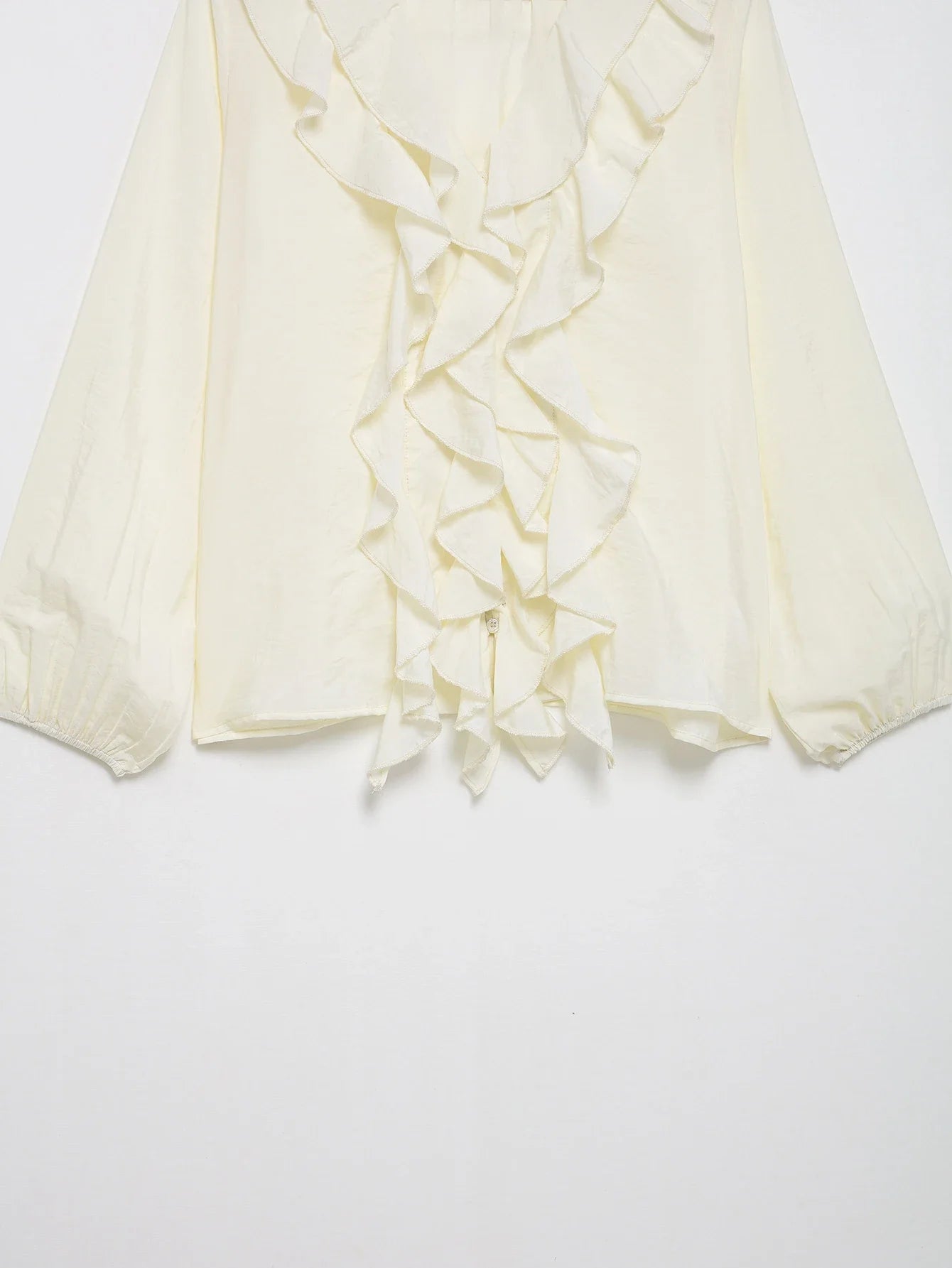 Women's Ruffled V-Neck Blouse with Flounce Long Sleeves Elegant Solid Color Chic Shirt