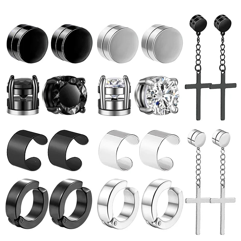 Magnetic Clip Earrings Stainless Steel Non-Piercing Stud Earrings for Men and Women with Black CZ