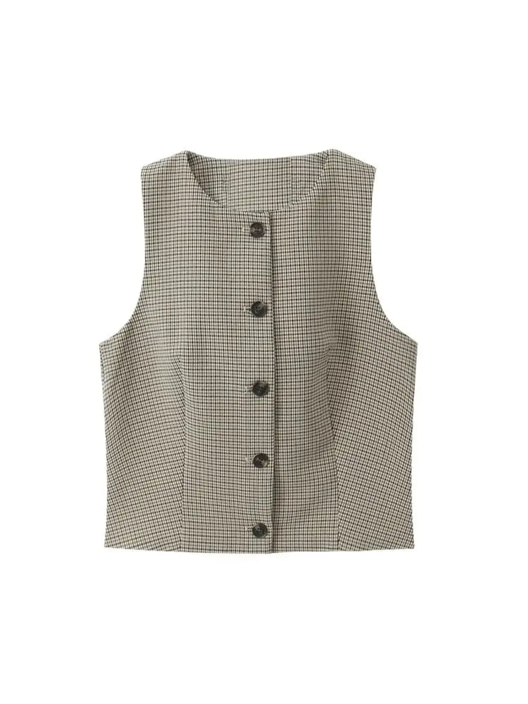 Women's Fashion Button-Up Check Waistcoat With High Waist Belted Straight Pants Two Piece Set