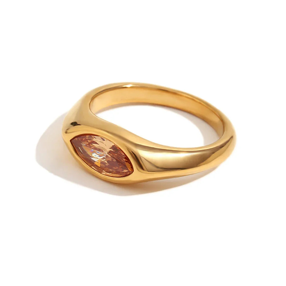 Hypoallergenic 316L Stainless Steel Colorful Horse Eye Zircon Seal Ring with 18K Gold Plating