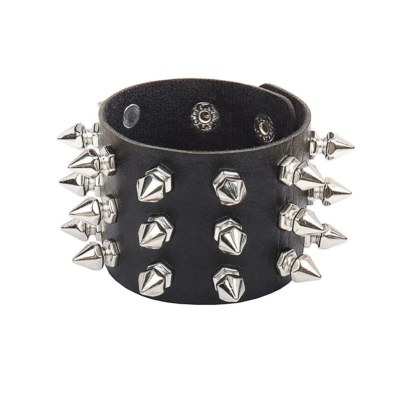 90s Fashion Punk Style Spiked PU Leather Bracelet with Square Studs and Multi-Row Design