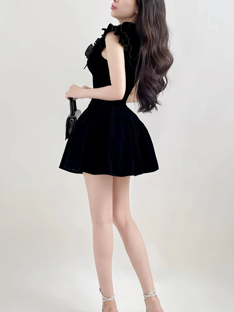 Black Velvet Mini Dress Sleeveless A Line Party Dress