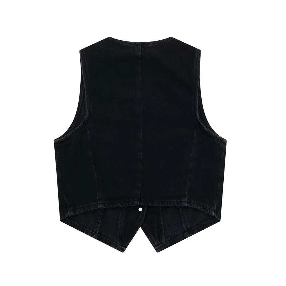 Women's Chic Short Denim Tank Top and Double Breasted Midi Denim Skirt Set Slimming Casual Fashion Ensemble