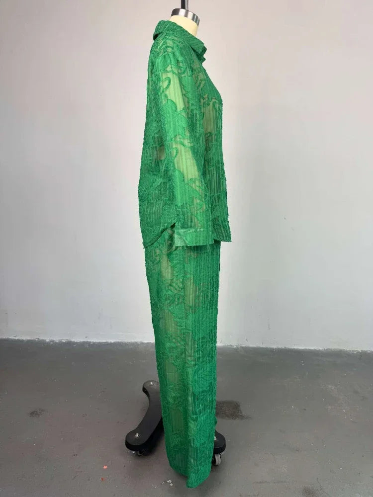 Women's Summer Pant Sets with Turned-down Collar Long-sleeve Shirt and High-waist Straight-leg Pants Two-piece Outfit