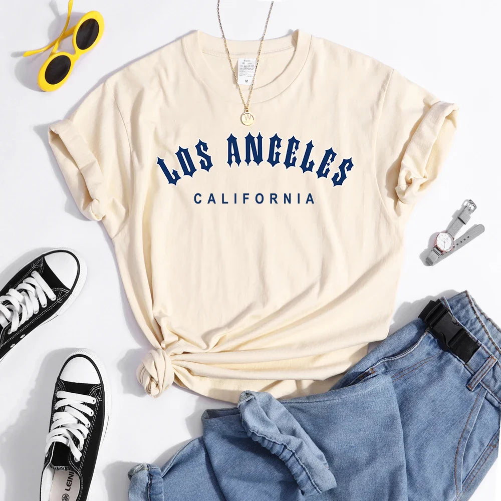 Los Angeles Letter Print Women's Casual T-Shirt Short Sleeve Crewneck Summer Style