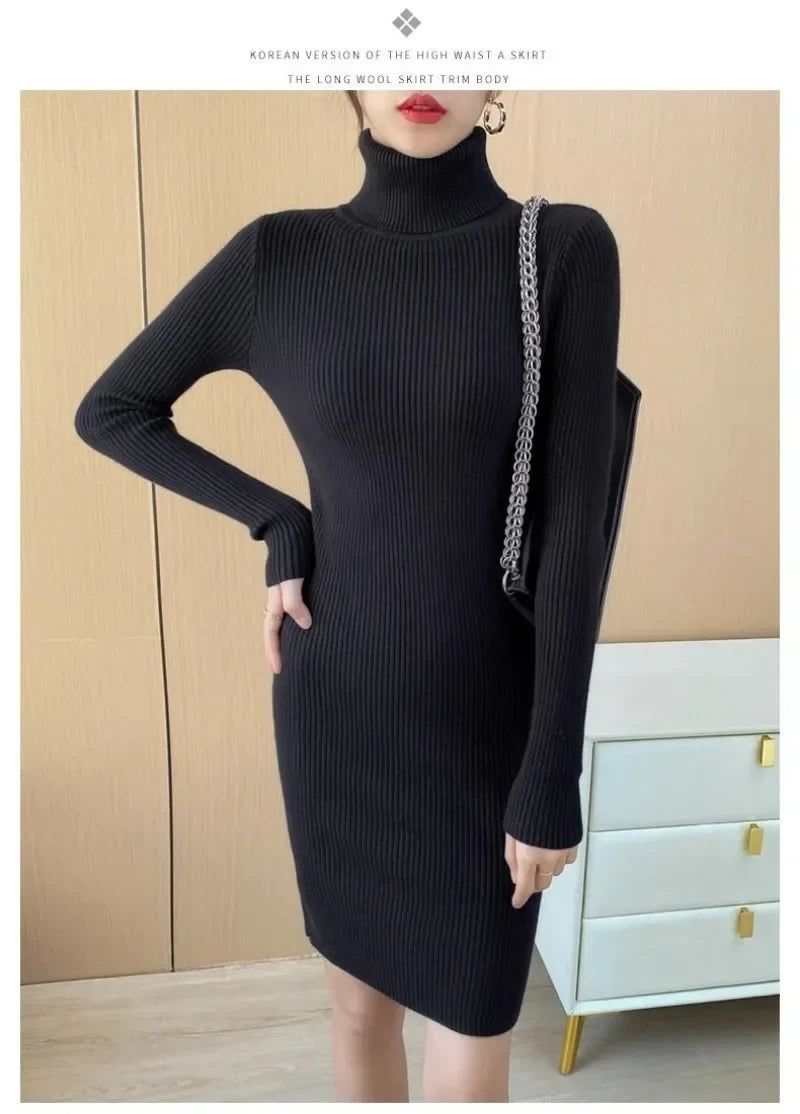 Korean Turtleneck Sweater Dress Bodycon Knit For Office