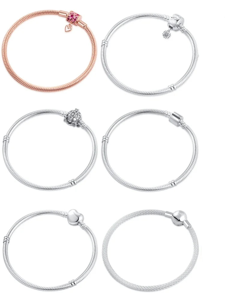 Sterling Silver 925 Heart and Flower Clip Clasp Bracelet with White Zircon Beads 16-21CM