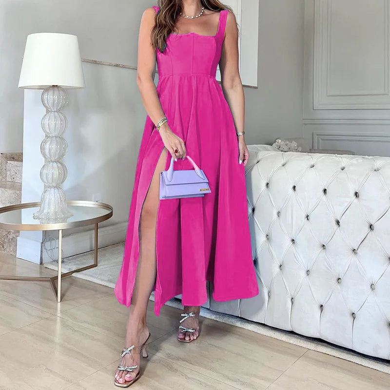 Spaghetti Strap Midi Dress With Side Slit And High Waist