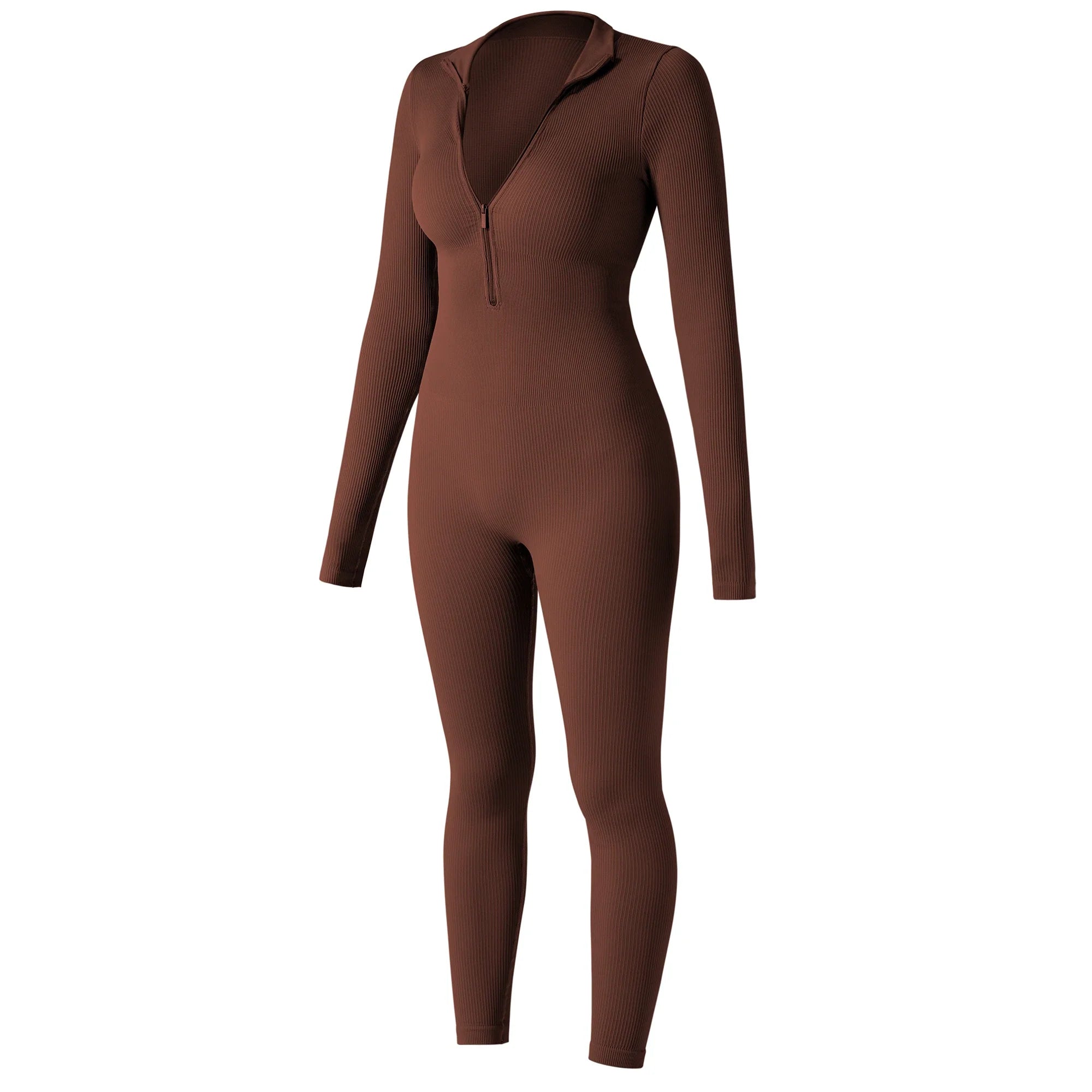 Bodycon Slim Fit Zipper Jumpsuit for Women Casual Brown Fitness Romper Streetwear Playsuit Overall