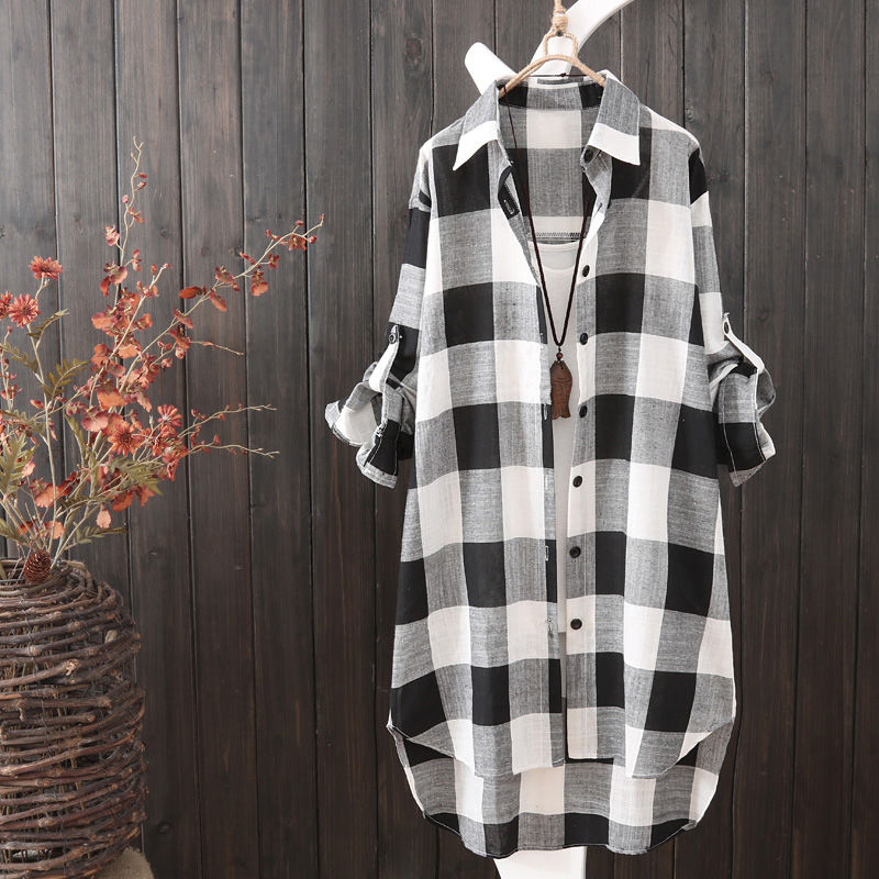 Casual Plaid Linen Cotton Long Sleeve Blouse Mid Length Loose Button Down Shirt for Women Autumn and Winter Fashion