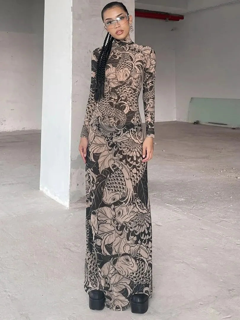 Women Mesh See Through Bodycon Long Sleeve Dress Autumn