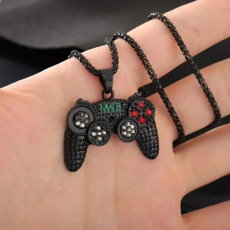 Trendy Gamepad Lightning Stainless Steel Necklace for Women and Men in Gold Color with Crystal Embellishments
